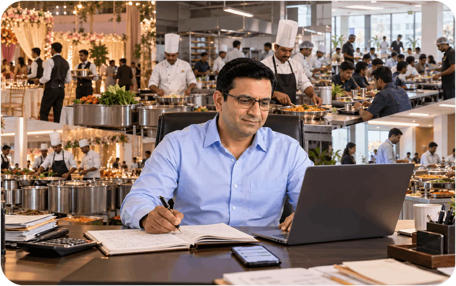 A catering kitchen team at work